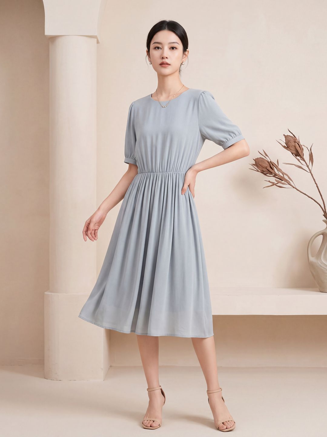 Summer New Mulberry Silk Dress Women's Loose White Skirt Commuter Short-Sleeved Simple Style Mid-Length Skirt
