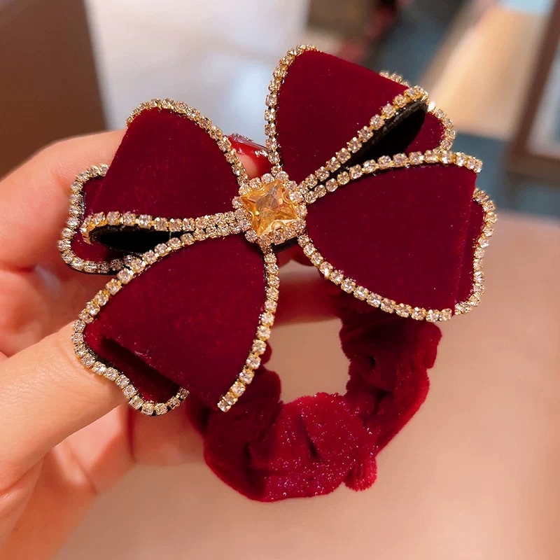Children's Bow Headline Red Velvet Rhinestone Hair Ring Girls' New Year Hair Rope Hair Accessories Girls' New Year Headwear