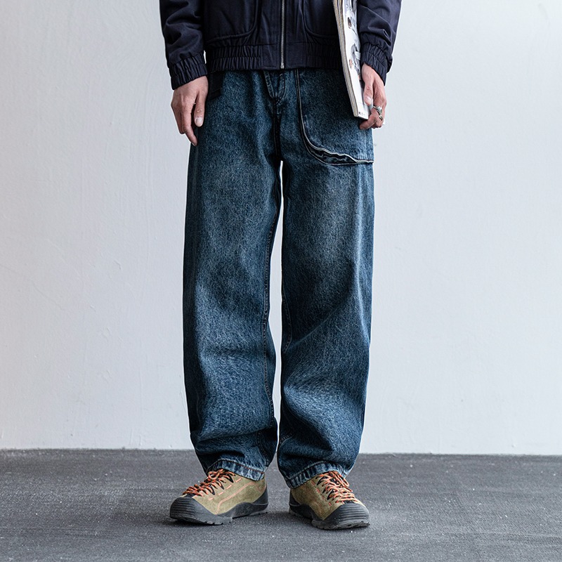 Japanese Retro Washed Distressed Jeans for Men, Spring and Autumn, Three-Dimensional Pocket Straight-Leg Pants, Trendy Loose Harem Pants