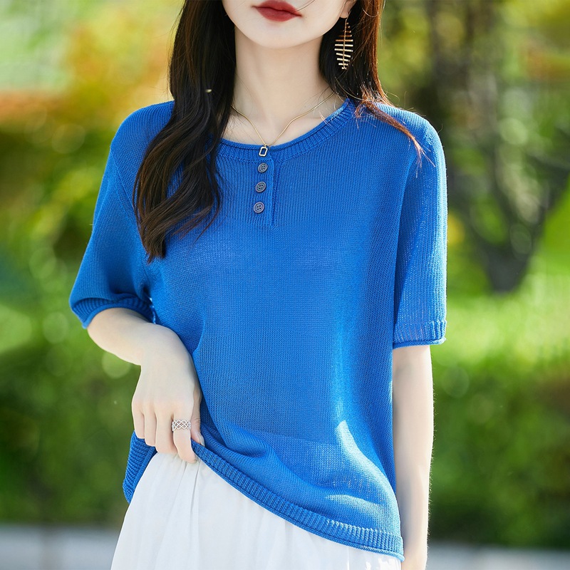 2025 New Summer Style Japanese Paper Round Neck Knitwear Five-Quarter Sleeve Pure Color Rolled Edge Pullover Loose Bottoming Shirt Top