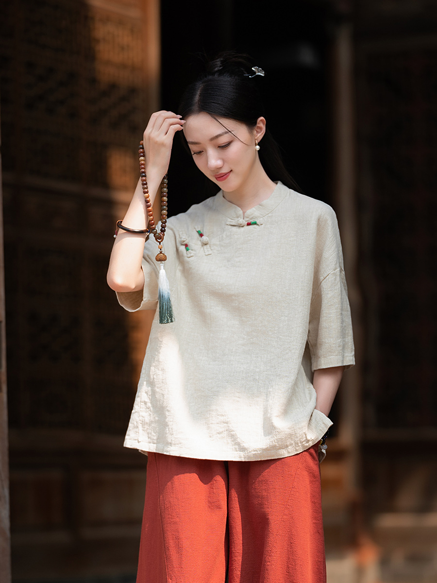 26 Summer New Original Chinese Style Retro Stand Collar Threaded Button Shirt Short Sleeve Women's Loose Ramie Sand Washed T-Shirt