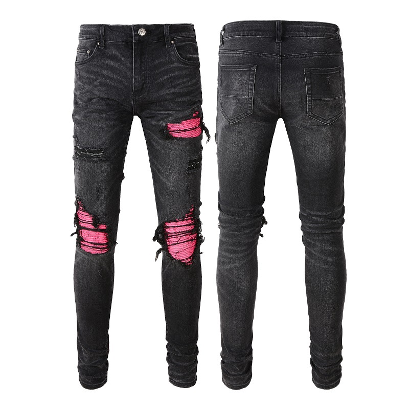 Spot Cross-Border Jeans Trendy Brand Colorfulful Stretch Men's Pants Ripped Men's Jeans Men's High Street Slim-Fitting Pants