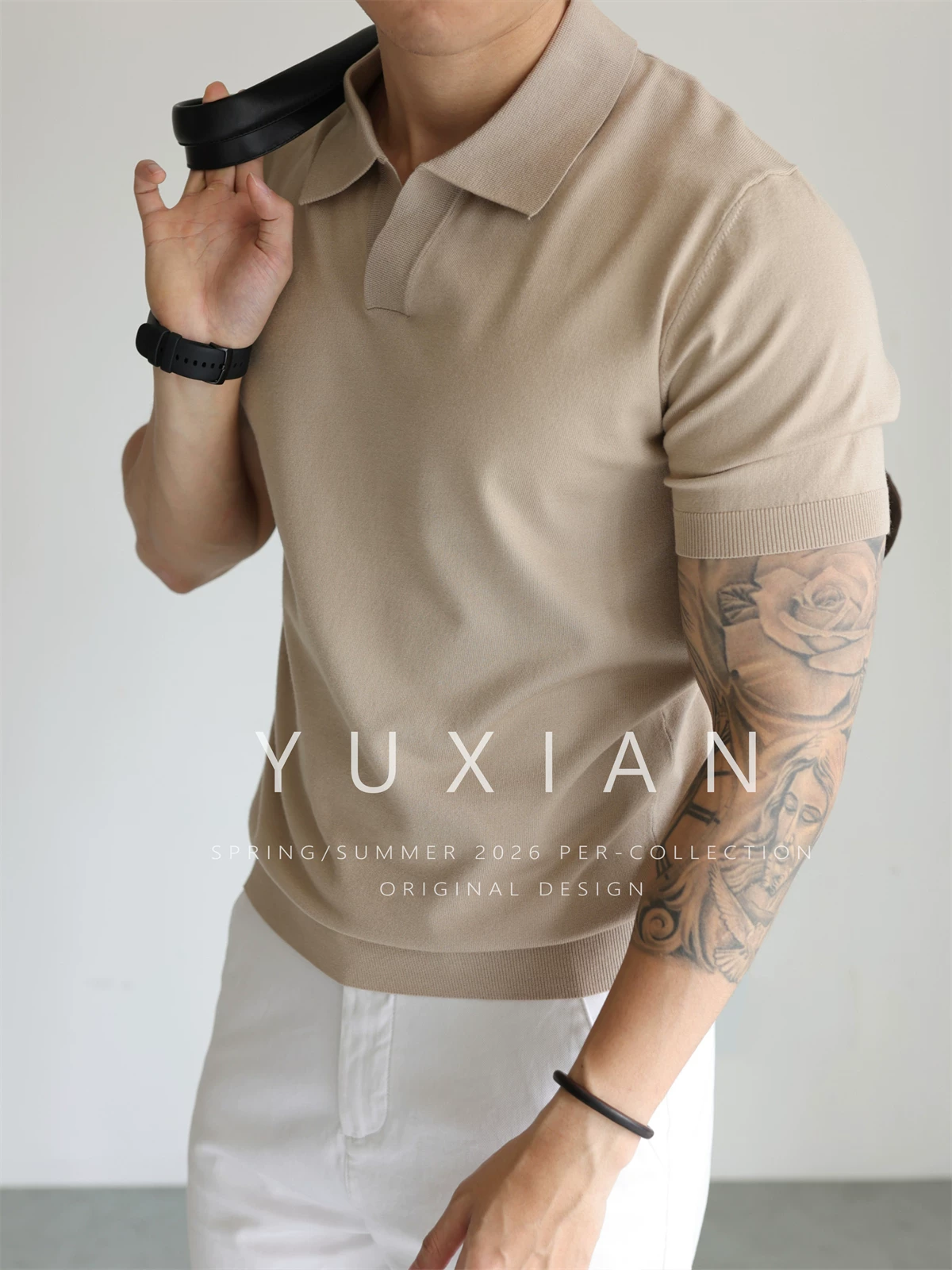 Yuxian American-Style V-Neck Drapey Polo Shirt for Men, Seagull Collar, Retro Knitted Short-Sleeve Solid Color T-Shirt for Spring and Summer