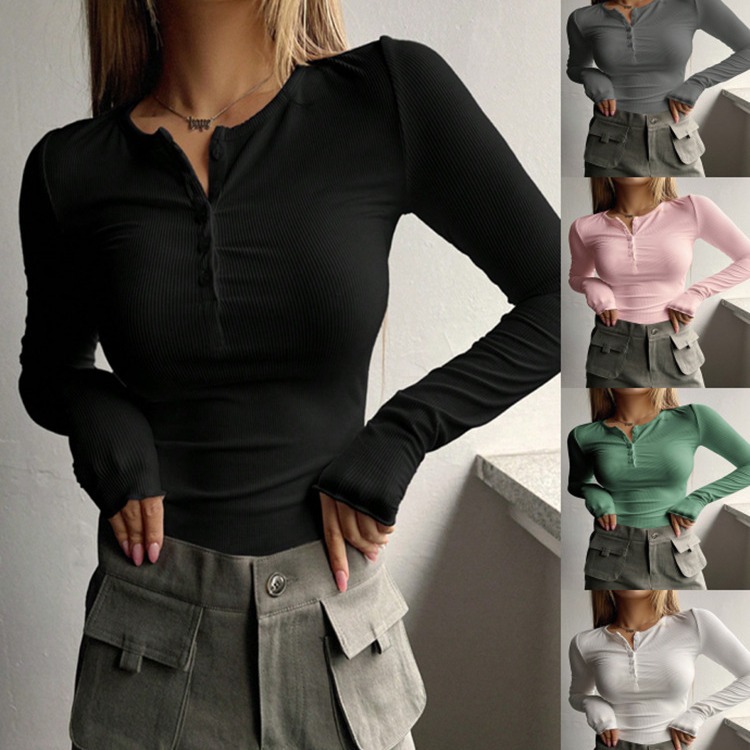 2026 Autumn/Winter Cross-Border Amazon Wish European and American Ebay Women's New Button Ribbed Slim Knit Sweater