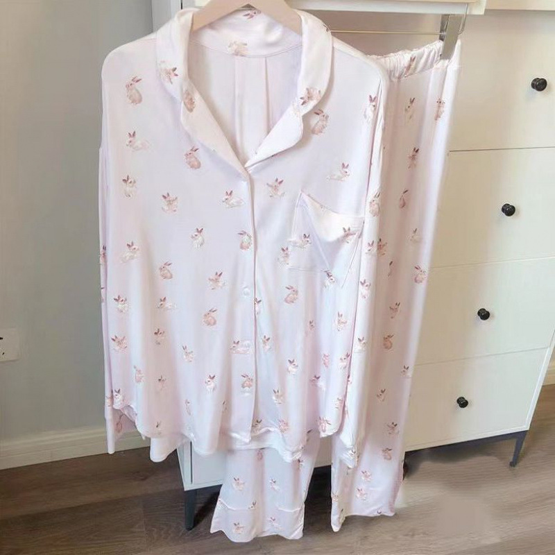 Japanese Style Rabbit Women's Cute Modal Cotton Cardigan Lar Long Sleeve Trousers suit Loose Soft Home Clothes