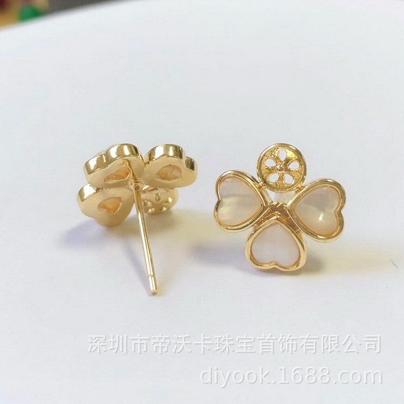 14K Gold-Plated Copper Mother-Of-Pearl Heart-Shaped Clover Earring Base, Earring Posts, Pearl Earrings, Gold-Plated Accessories