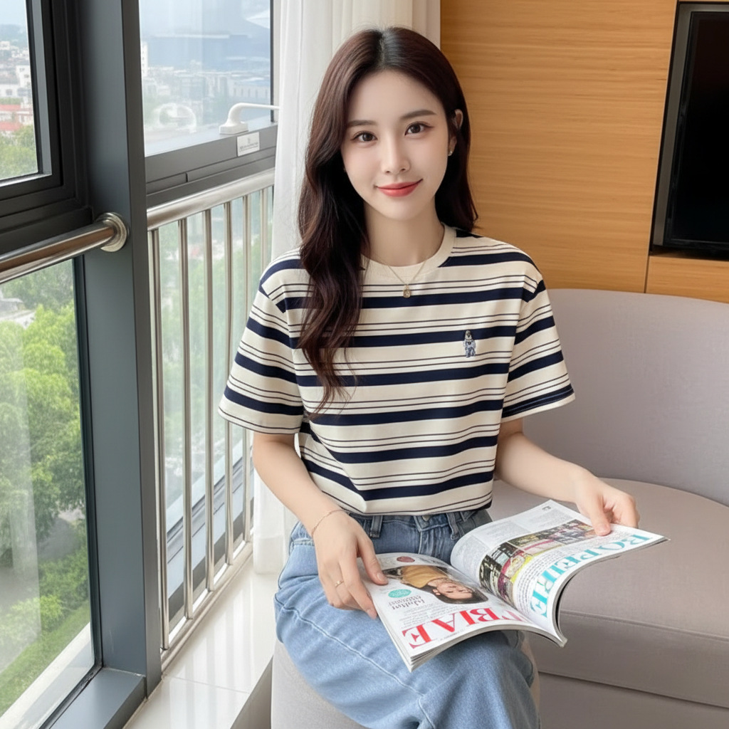 Short-Sleeve T-Shirt for Women, Summer 2026 New Style, Color-Blocking Retro Stripes, Trendy Ins Style, Comfortable and Breathable, Suitable for Layering or Wearing Alone, Regular Shoulder Top