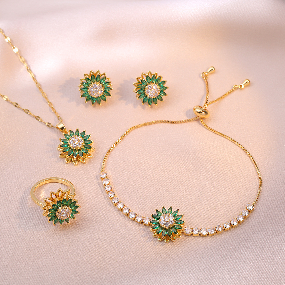 Necklace Female Internet Celebrity Sunflower Same Style Cross-Border Flower Micro-Paved Zircon Rotating Set Jewelry Titanium Steel Necklace