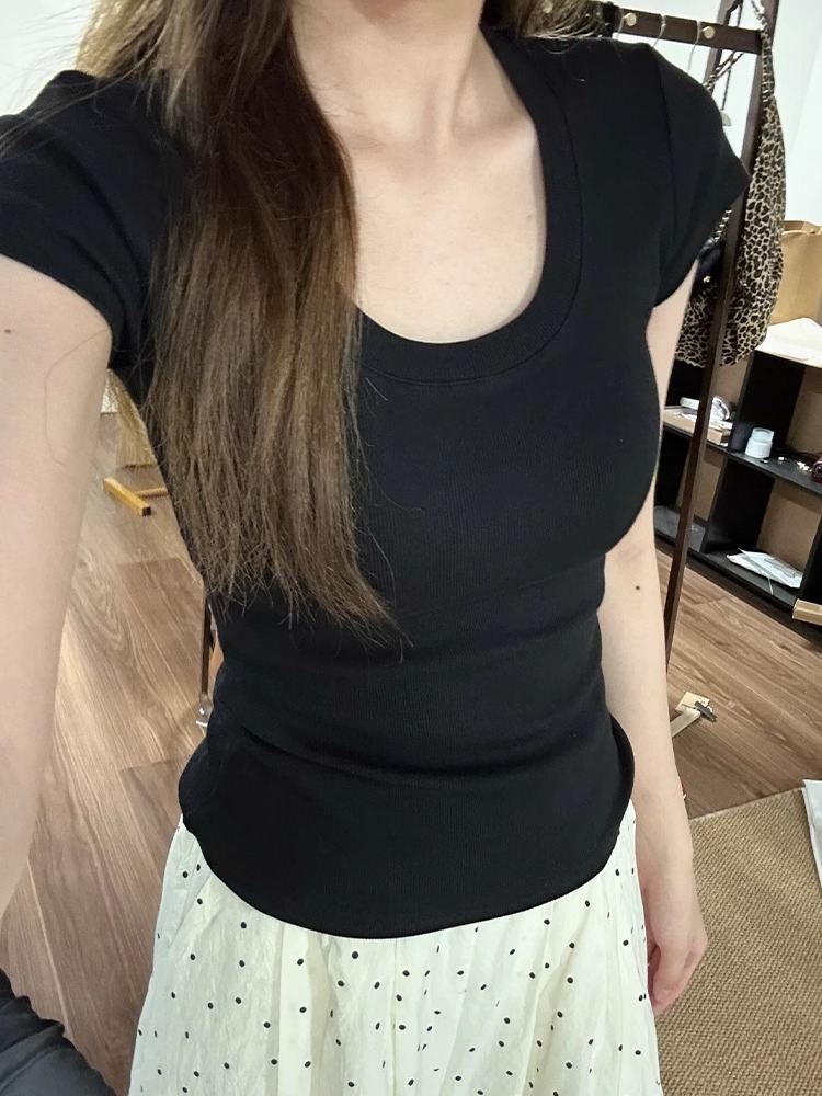 Right Shoulder U-Neck Short-Sleeved T-Shirt for Women Summer 2025 New Black Slimming Look High-End Cute Sexy Top