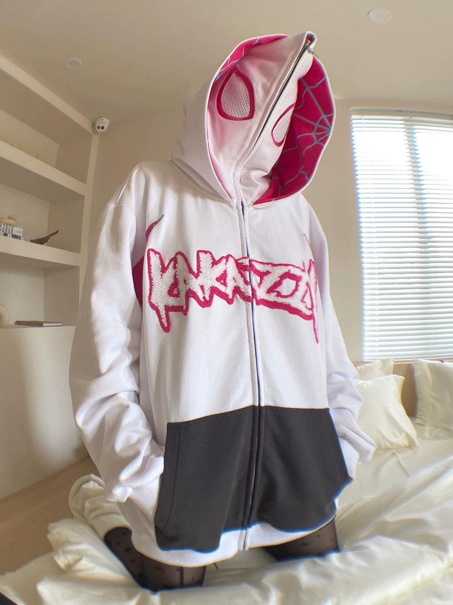 Kakazzy Spider-Man Gwen Sweatshirt for Men and Women, Autumn and Winter Loose Hooded Trendy Brand Top, Zip-Up Cardigan Jacket B