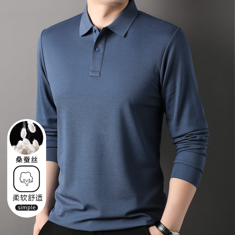 Mulberry Silk Long Sleeve T-Shirt Men's Lapel Solid Color Young and Middle-aged New All-match Fashion Trend Polo Shirt Top for Men