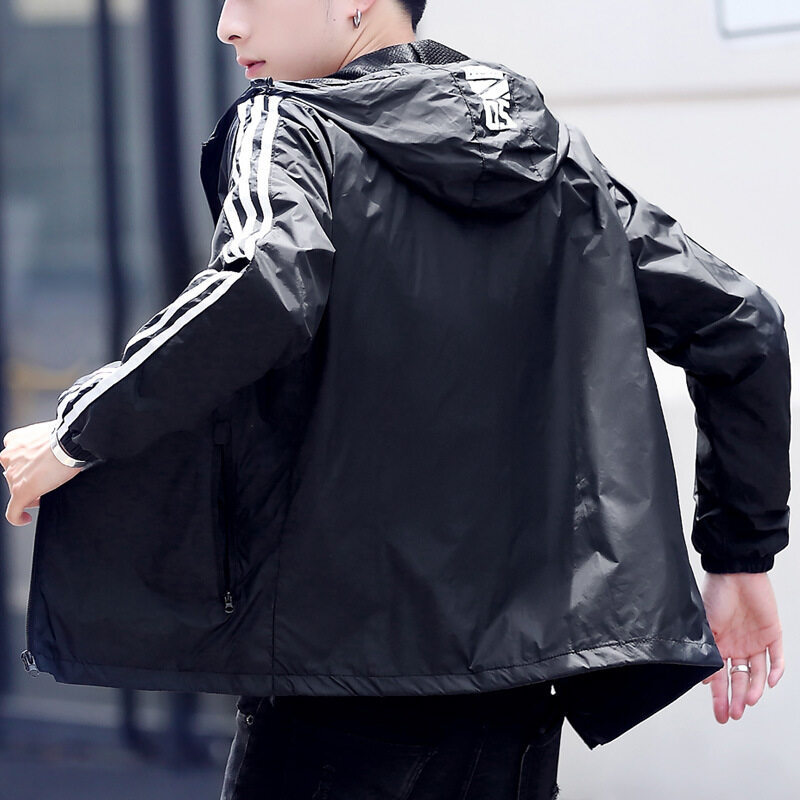 Cross-Border Sportswear Men's Spring and Autumn Thin Jacket Casual Outdoor Windbreaker Men's Plus Size Three-Stripe Hooded Jacket