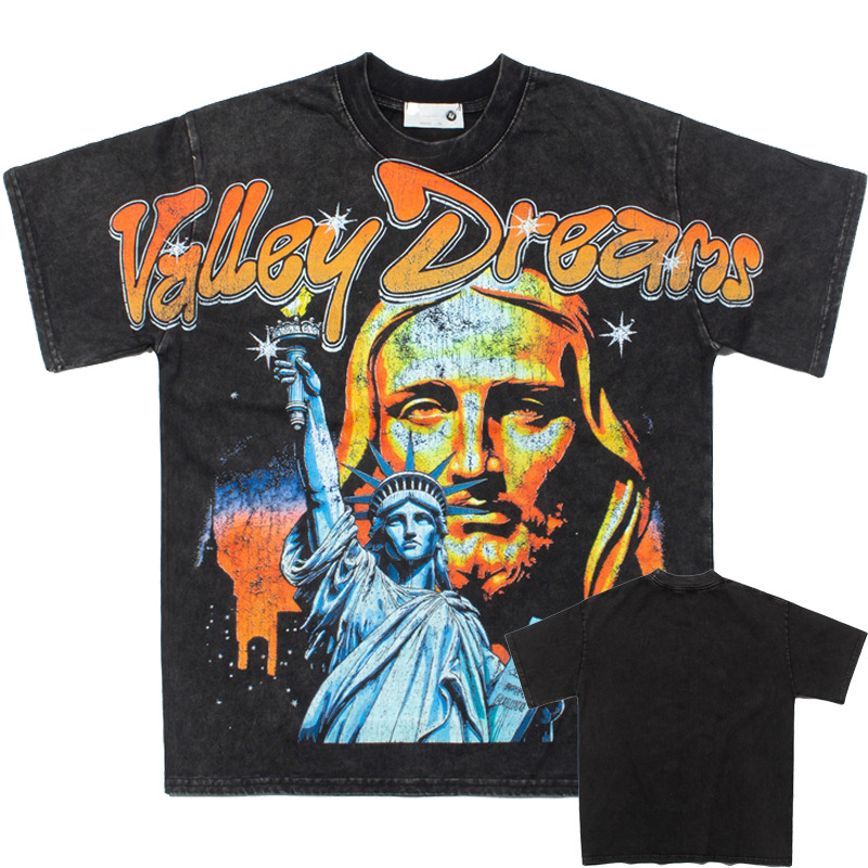 2026 Cross-Border American Street Hip-Hop Washed Vintage Statue of Liberty West Coast Rap Short-Sleeve T-Shirt Tee