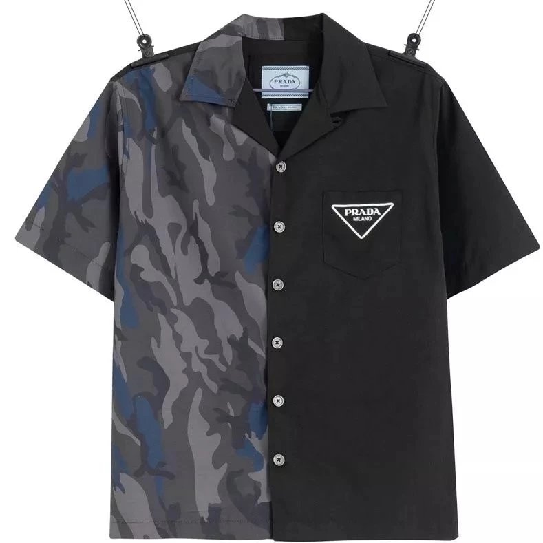 [High Quality] 2022PR Spring’s Newest P-Brand Premium Black Camouflage Patchwork Oversized Short-Sleeve Shirt for Men – P, PRD, PRAD, P Brand, Prado