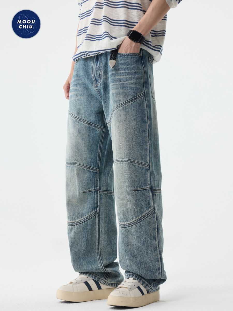 Muqiu Men's Wear | American-Style Deconstructed Patchwork Design Jeans for Men, High Street Straight-Leg Washed Vintage Long Pants