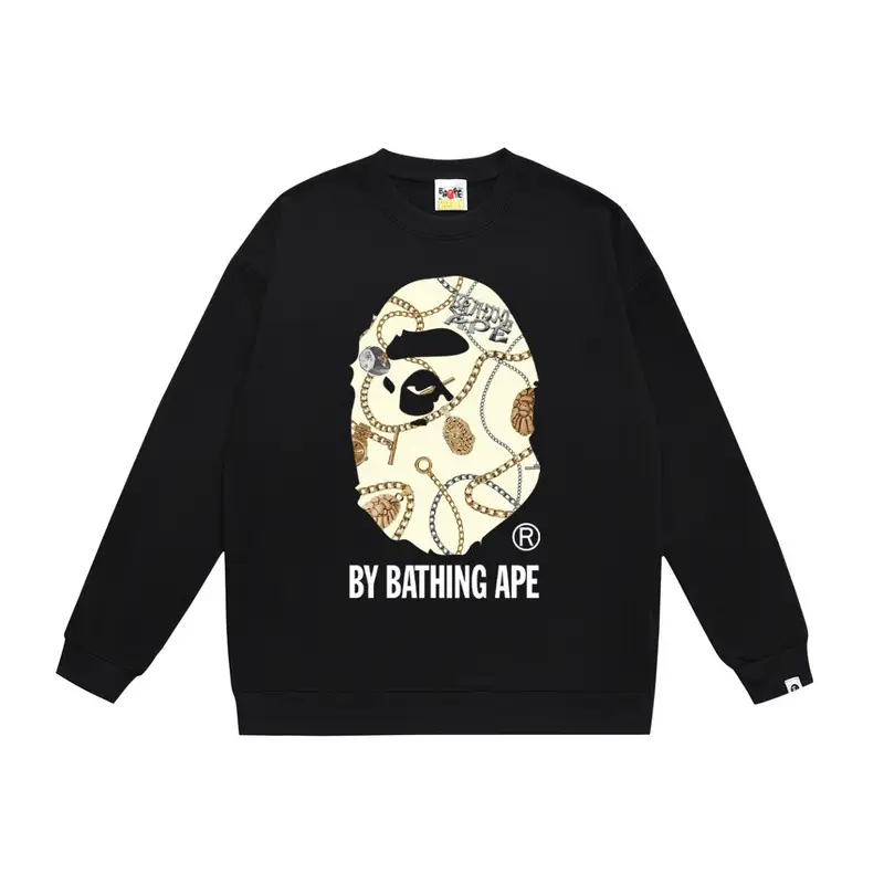 Cross-border wholesale fashion tide brand ape head shark printing men and women casual sports loose round neck terry sweater