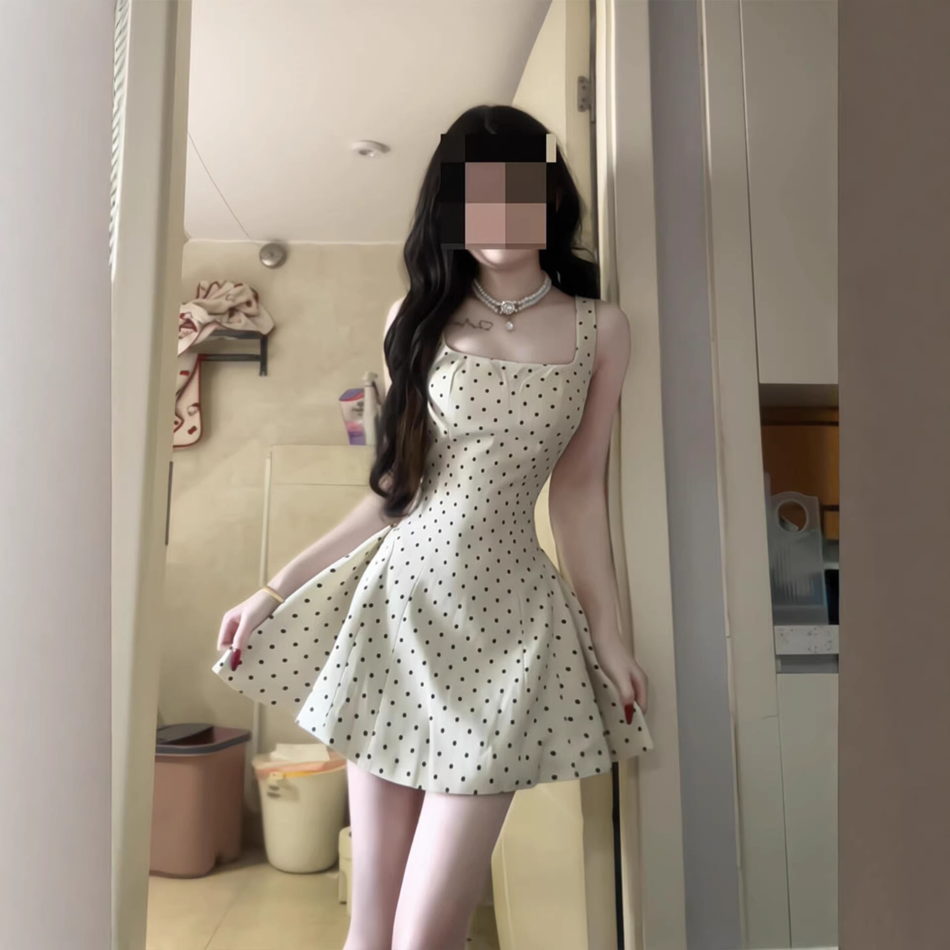 Beautiful White Short Skirt for Women, Especially Pretty in Early Spring, with a Cinched Waist That Makes You Look Slimmer, Polka Dot Suspender Dress for Petite Figures