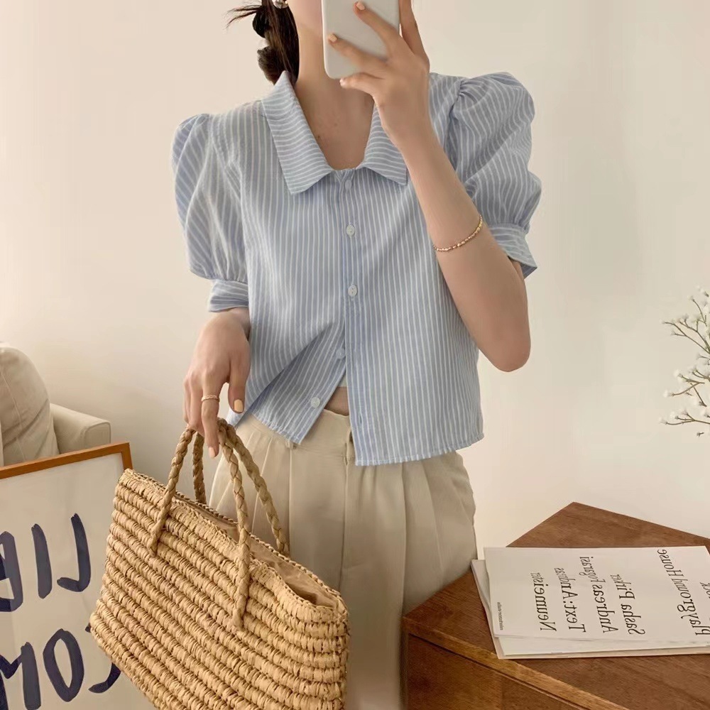 Korean Ins Style Doll Collar Single-Breasted Plaid Short-Sleeve Shirt