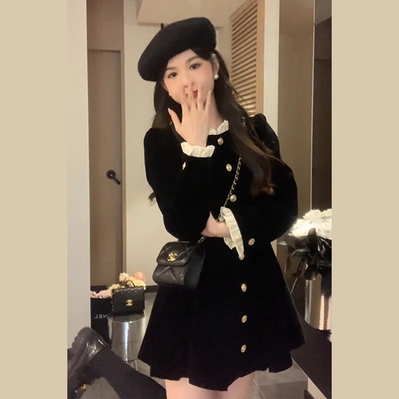 French Style Fragrant Hepburn Style Black Velvet dress Children's Early Autumn Dress 2024 New Elegant Waisted Skirt