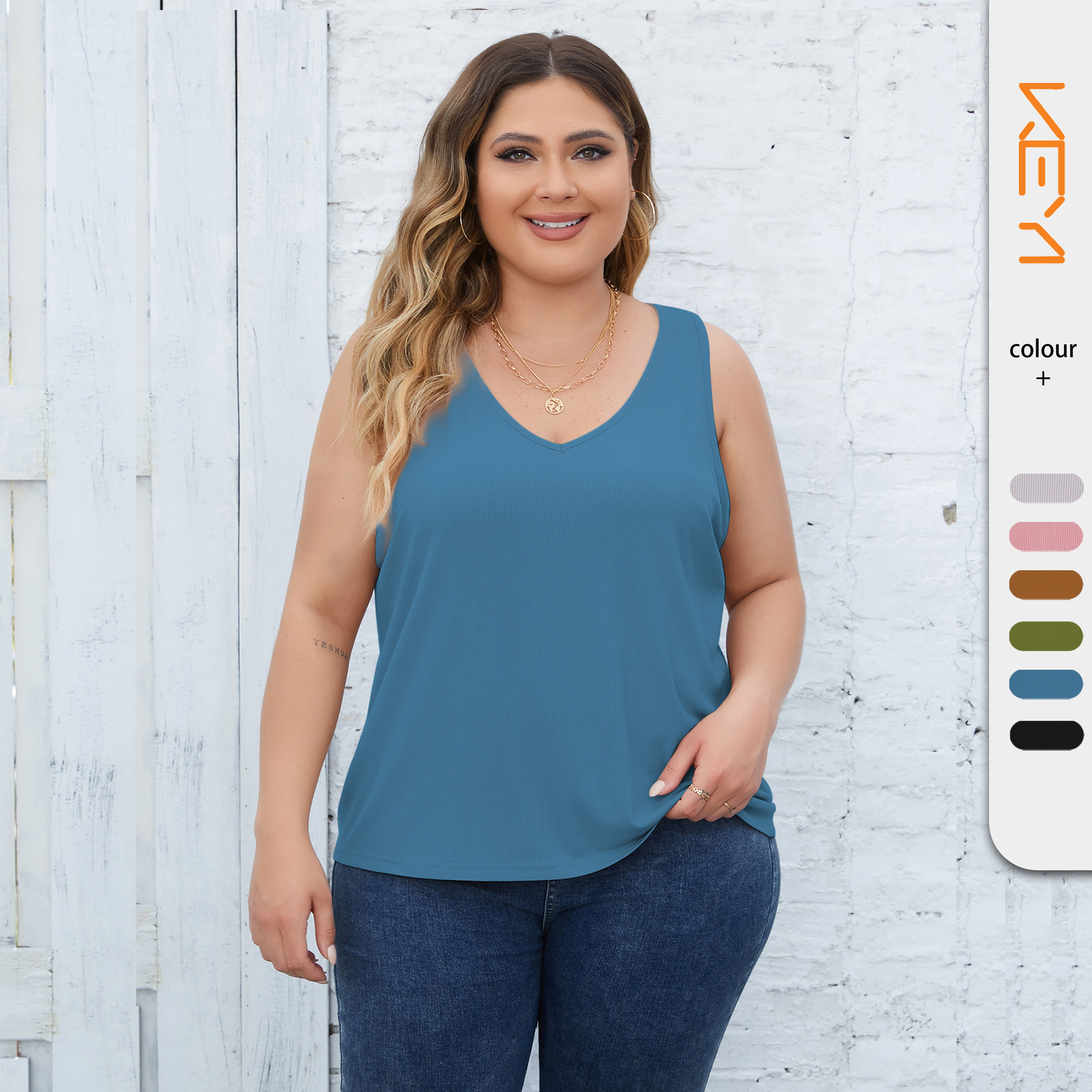 Cross-Border Foreign Trade Women's V-Neck Ribbed Sports Plus-Size Tank Top for Outerwear, Slim-Fitting Short Top, Slimming Short-Sleeved Top