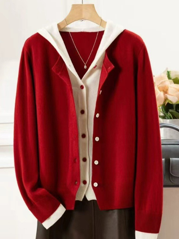 2026 New Year 100% Wool Faux Two-Piece Women's Color-Block Knitted Cardigan Hooded Jacket Sweater Wool Base Layer