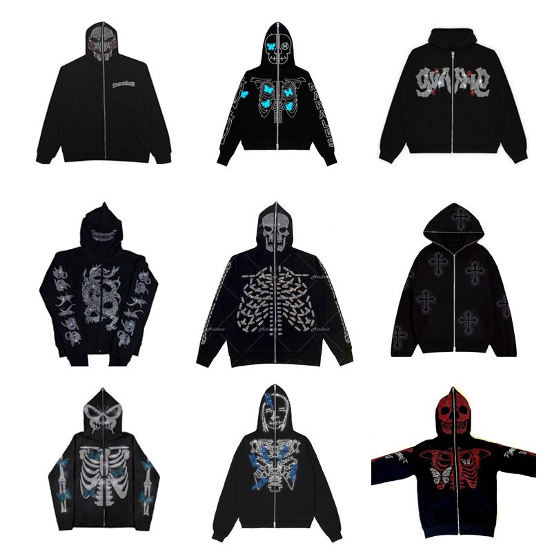 Europe and the United States Amazon cross-border wholesale printing hot drilling hooded cardigan zipper loose men's and women's fashion brand sweater jacket fn