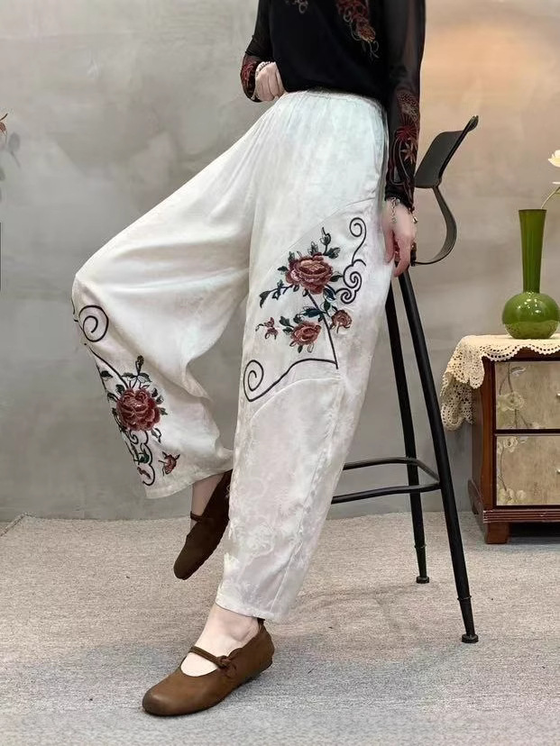 Summer 2025 Women's Casual Pants Embroidered Satin Pants Chinese Style Retro Harem Jacquard Pants Ethnic Style Skin-Friendly Pants