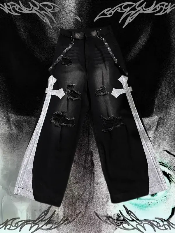 Without Me/No Patient Punk Cross Distressed Wide-Leg Air Hole Harness Pants Mop Denim
