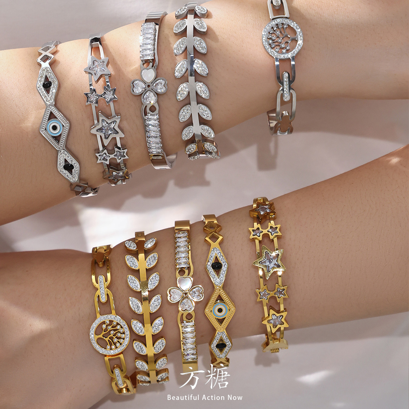 Stainless Steel Devil's Eye Zircon Open Bracelet, 18K Gold Plated Tree of Life Five-Pointed Star Geometric Bracelet Set