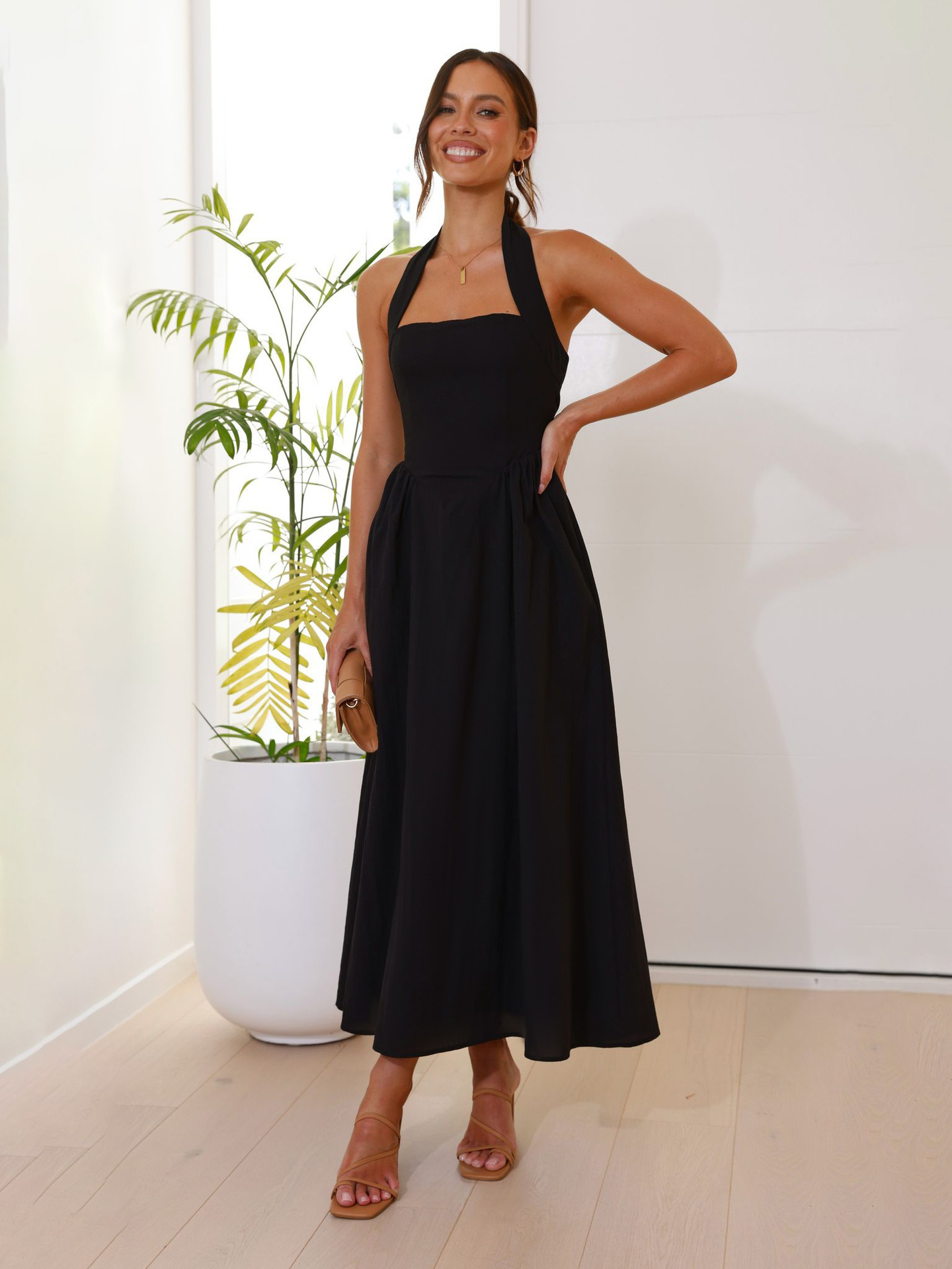 European and American Cross-Border Foreign Trade Amazon 2026 New Style Elegant Women's Solid Color Square Neck Waist-Cinching Halter Backless Dress