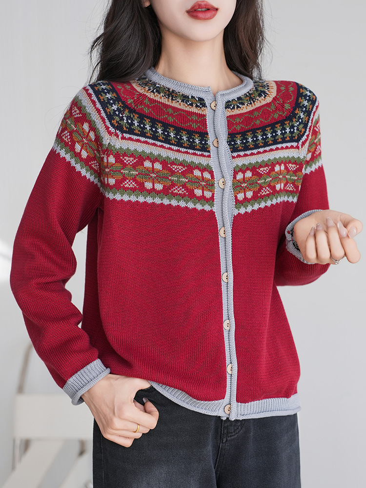 Ethnic-style Jacquard Thick Sweater Coat Women's Vintage Loose Long-sleeved Sweater Cardigan Short All-cotton Top for Women