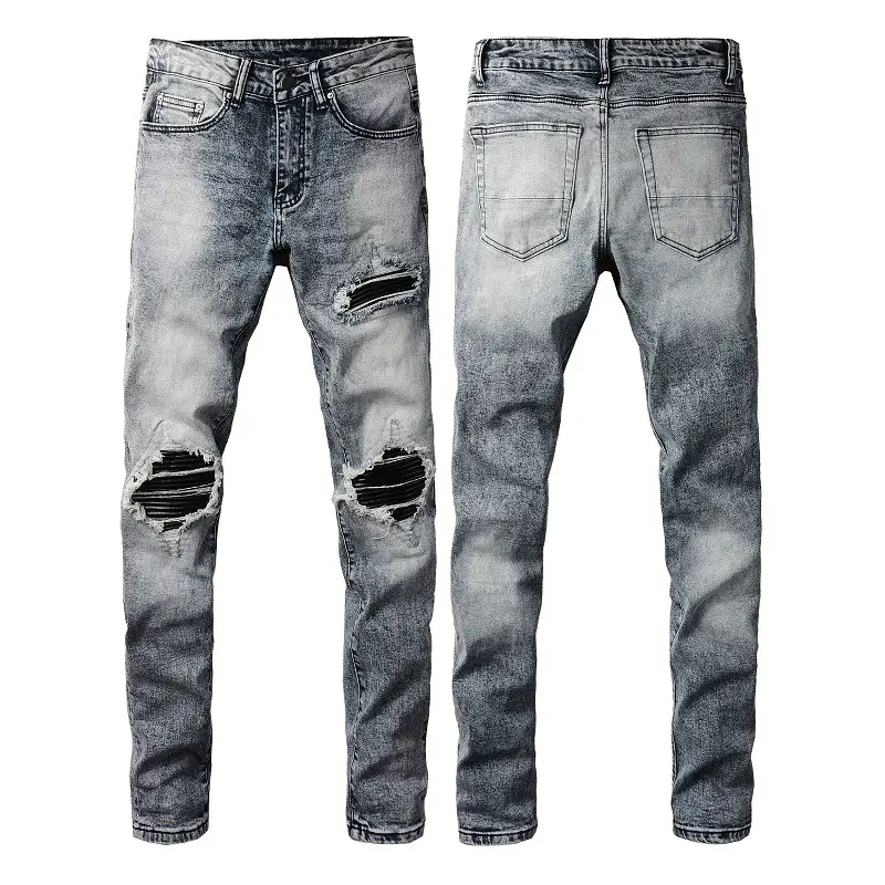 American Style Retro Jeans Trendy Men's Leather Ripped Patch Slim Fit Jeans #1338