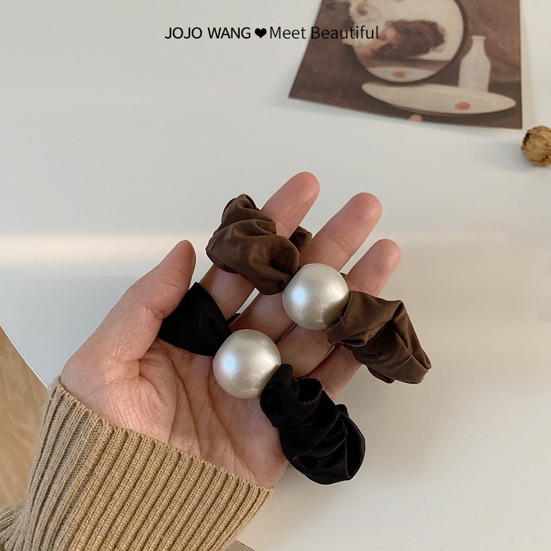 High-End Pearl Black Large Intestine Hair Band Rubber Band Hair Accessories Simple Velvet High Elastic Headband Korean Hair Rope Headwear
