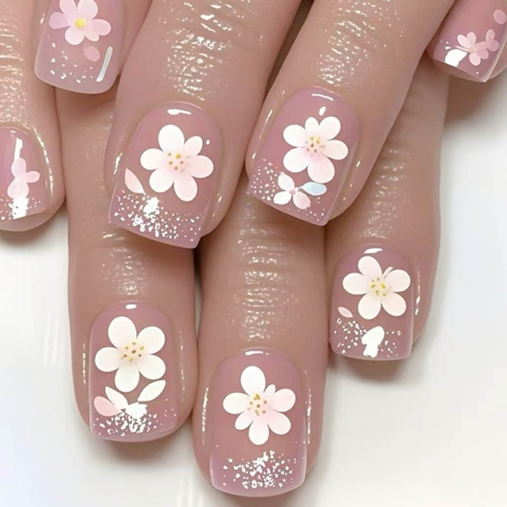 Short Glossy 24-Piece Pink Glitter French False Nails, Pink Glitter Press-On Nails, Removable Nail Art