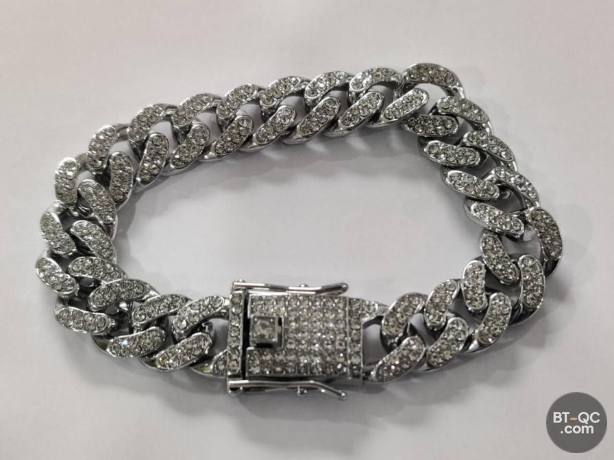 Silver Cuban Link Bracelet with Rhinestones QC