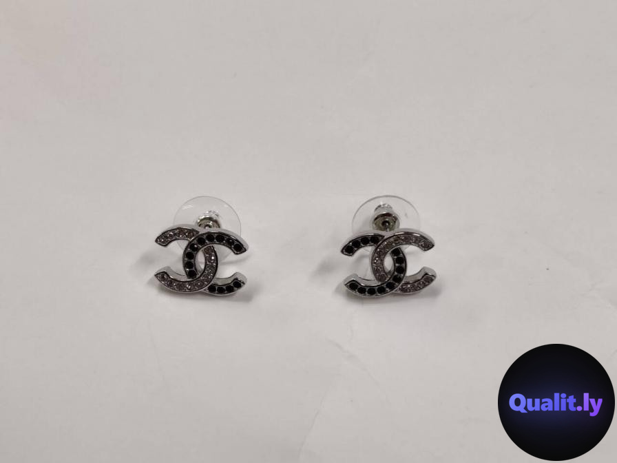 Chanel CC Stud Earrings Silver Black QC