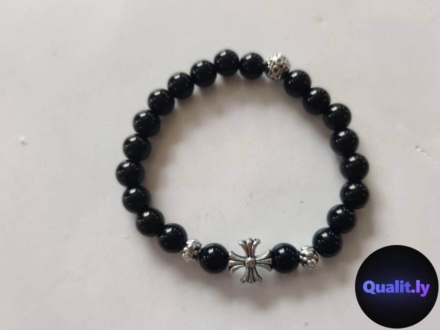 Chrome Hearts Black Beaded Bracelet with Cross Charm QC