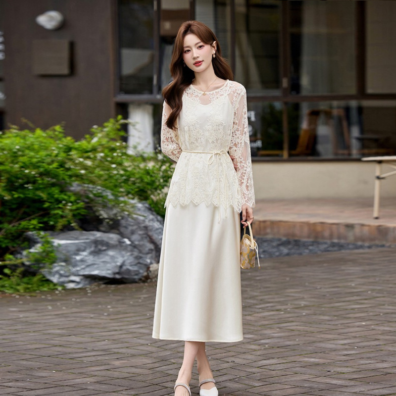 Lace Hollow-Out Top Paired with a Slip Dress Set for Women, 2026 New Spring/Summer Luxury Design Two-Piece Set