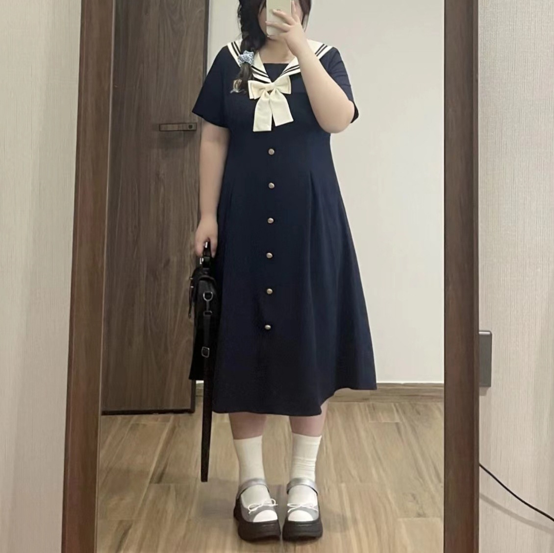 Summer New Design Plus Size Fat Girl mm Slim Skirt Navy Collar Sweet French Age-Reducing Dress for Women