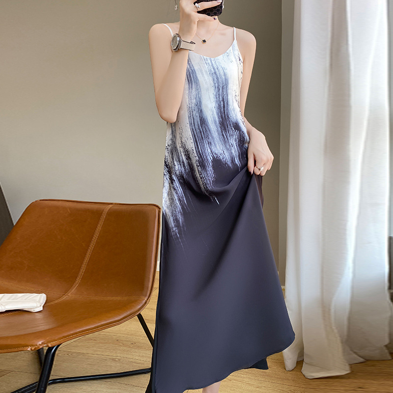 High-grade silk satin suspender skirt women's spring and summer draping dress long skirt French color matching over-the-knee skirt