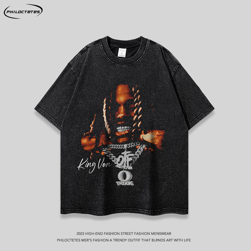 American high street rap portrait printing heavy washing short-sleeved T-shirt retro hip hop Street distressed long-sleeved bottoming t