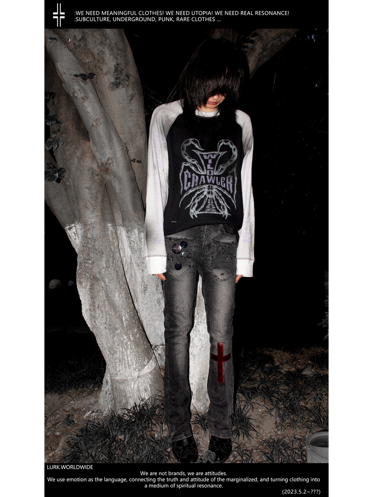 Lurk.Worldwide Anniversary Limited Edition Genuine Leather Cross Snake Skin Patchwork Flared Washed Distressed Black Jeans