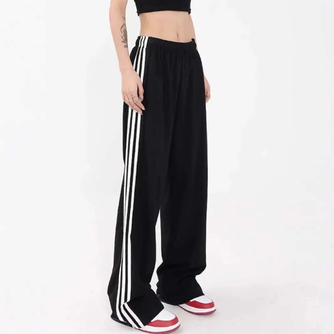 High Street Loose Casual Comfortable Sweatpants with Elastic Waist for Women, Summer American Design with Three Stripes, Straight Wide-Leg