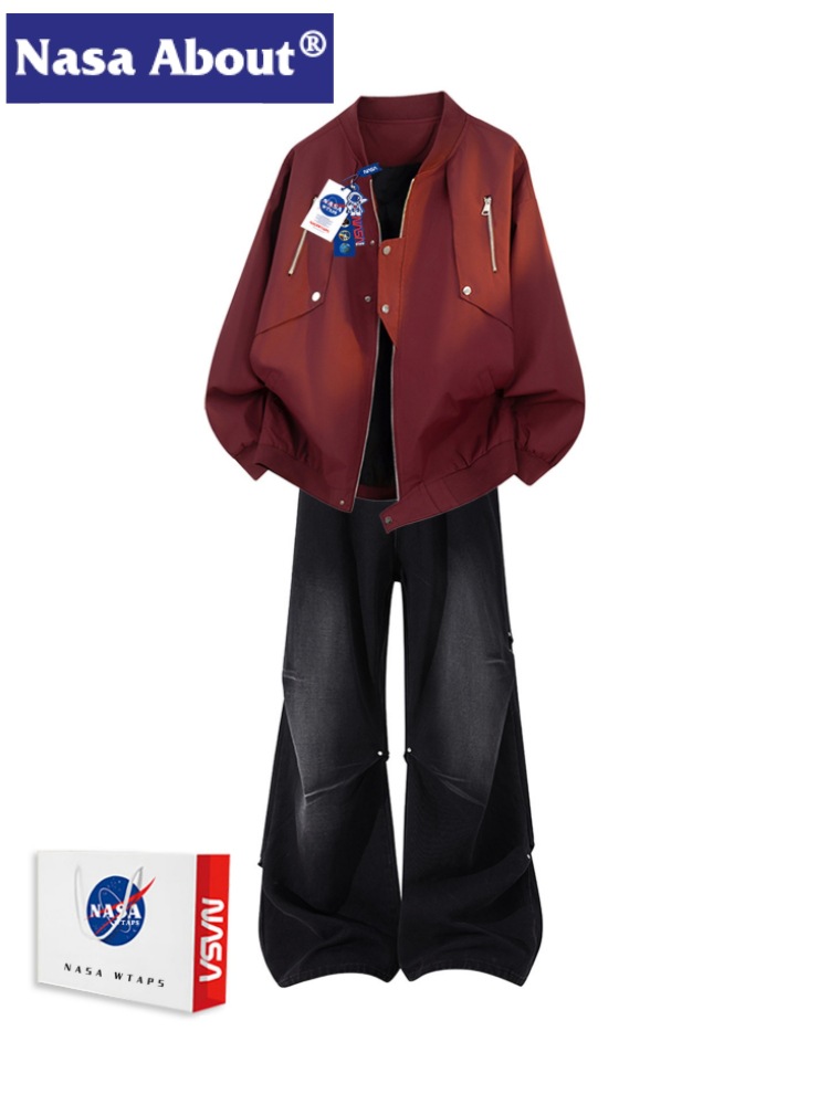 Nasa about American High Street Style Men's Cool Jacket Set, New Spring Model, Distressed Denim Two-Piece Set