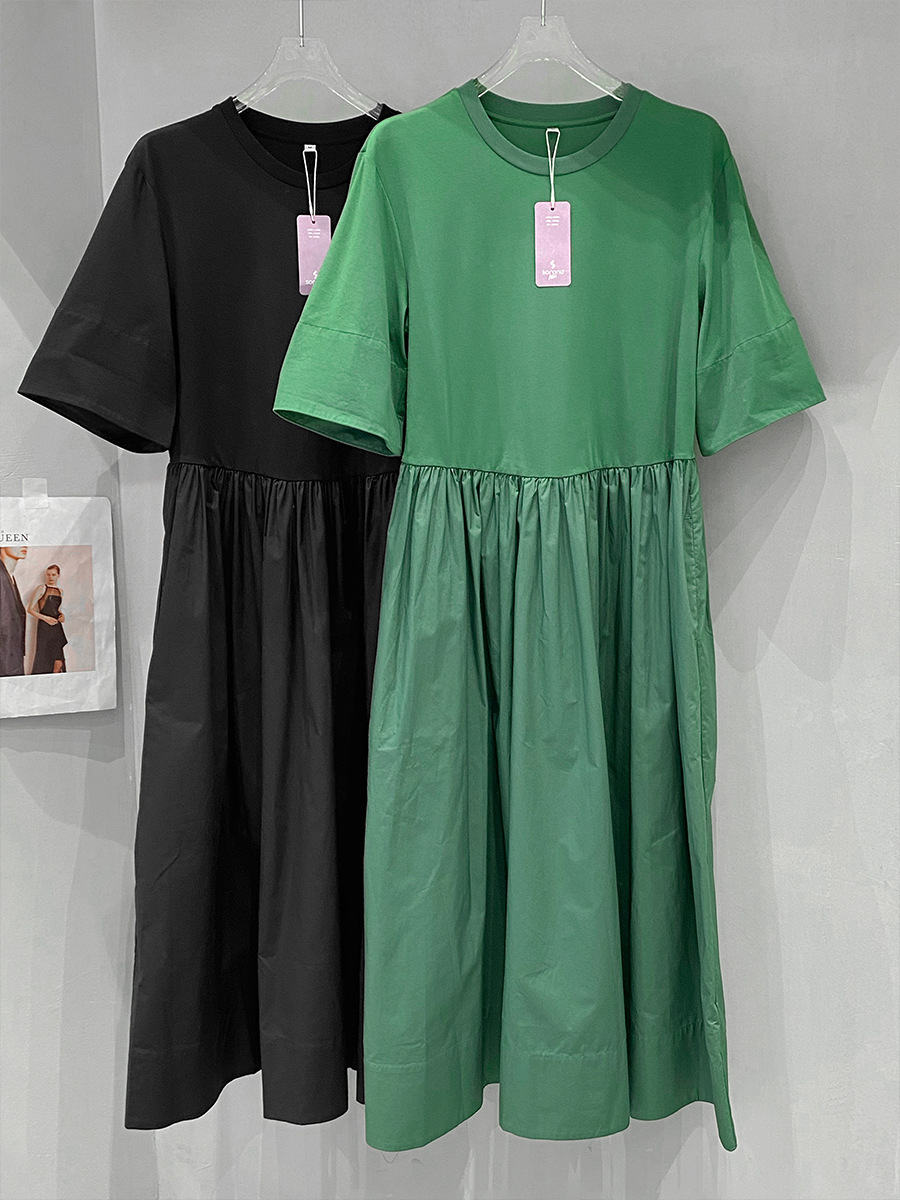 Sudou High-End Simple Round Neck Needle-Punched Cotton Dress Loose Casual Short-Sleeved Dress