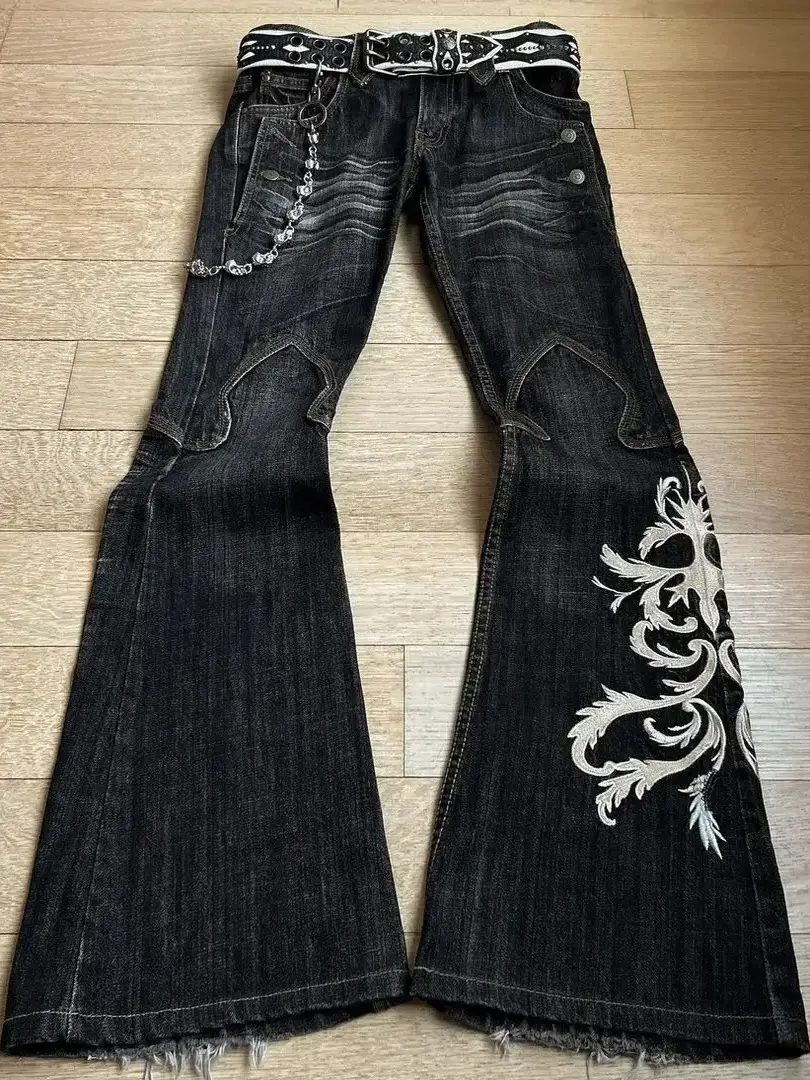 Cross border new men's clothing heavy industry embroidered jeans punk flared pants y2k washed pants dark pants