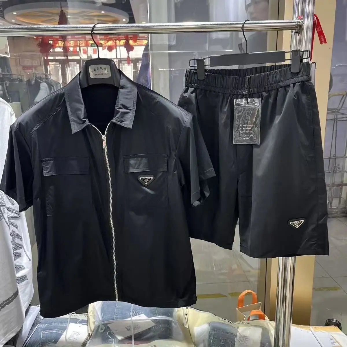 Prada Black Zip-Up Shirt and Shorts Set