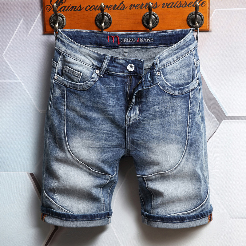 2022 Summer Foreign Trade European and American Stitching Washed Mid-waist Blue Youth Micro-elastic Casual Thin Men's Jeans