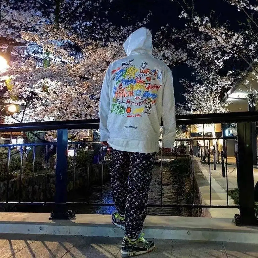 High-Quality Crow Limited Edition Matty Graffiti Flame Cross Flower Arm Hooded Sweatshirt Jacket Men's Print
