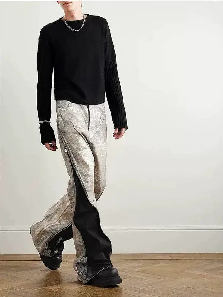 Rodowen26 New Model Rick Gold-Stamped Owens Dark Denim Patchwork Straight-Leg Flared Unisex Jeans